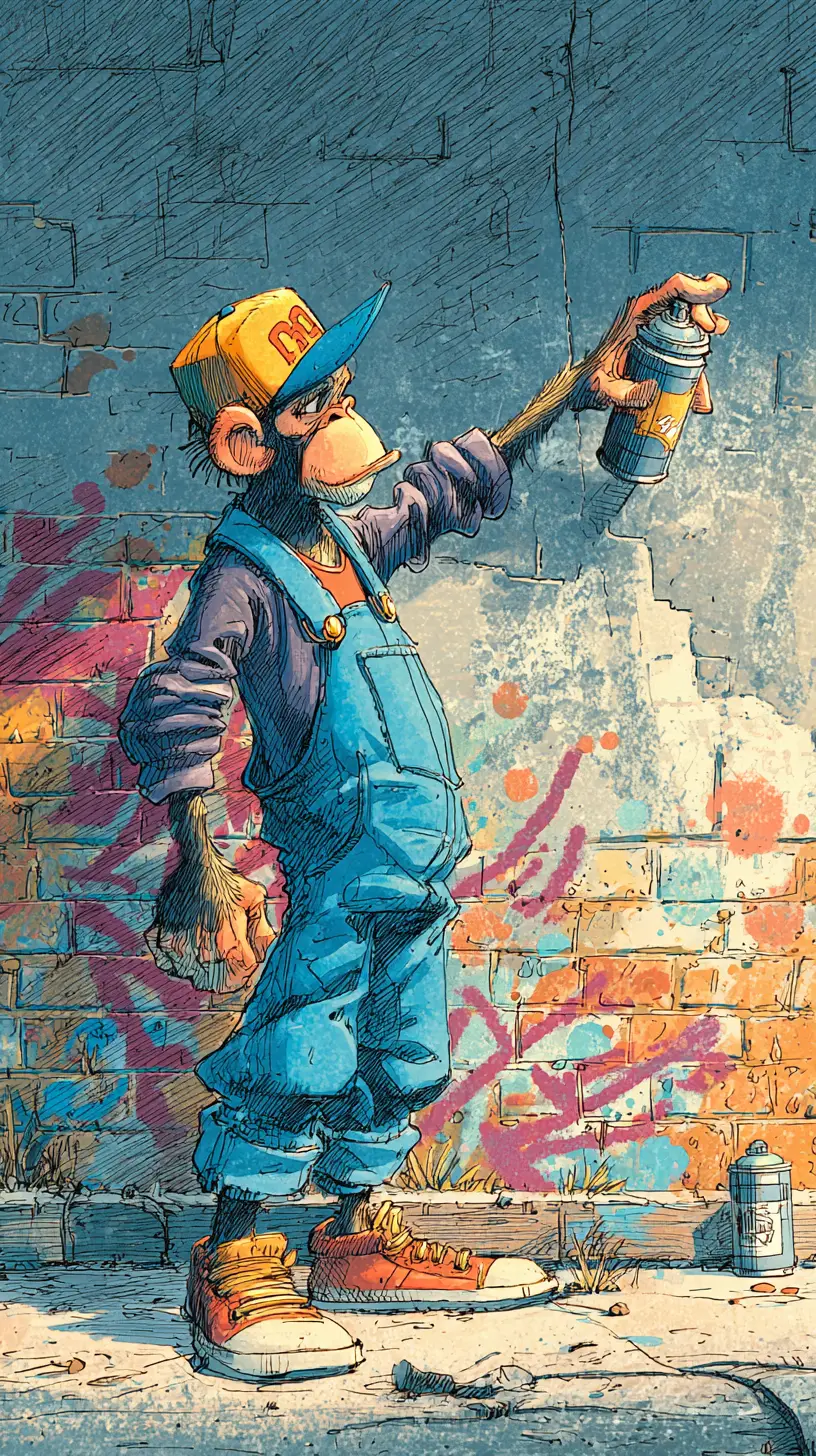 Graffiti-Affe in blauer Latzhose an urbaner Stadtmauer