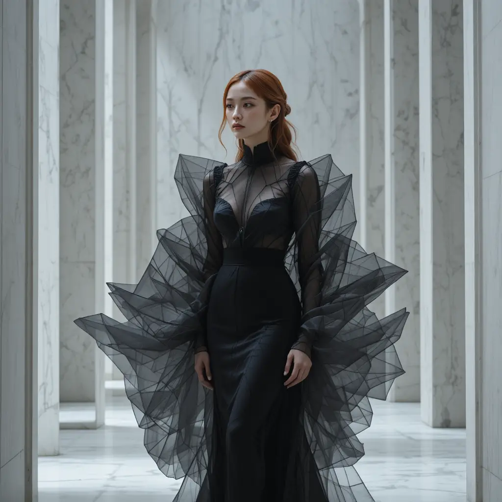 Korean woman in geometric black couture gown in marble hall