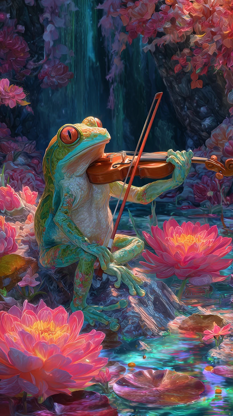 Frog playing violin by a colorful fantasy lakeside world
