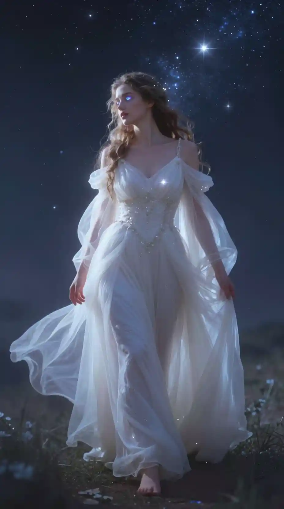 Linda mulher caminhando sob um calmo céu noturno estrelado