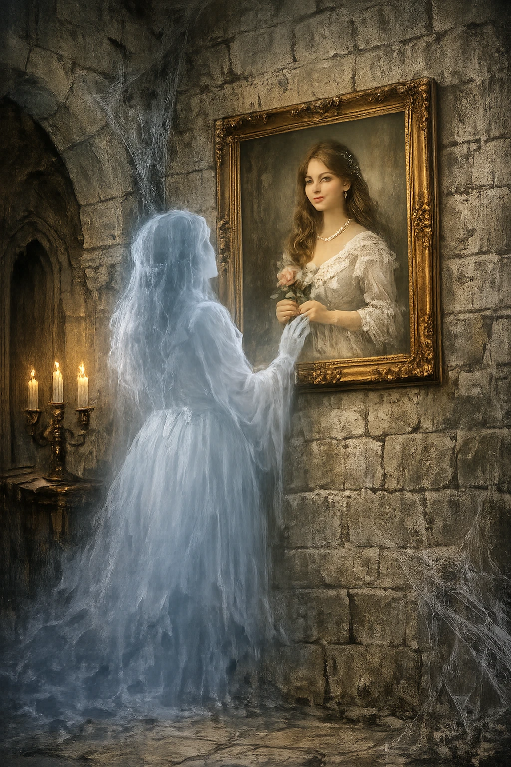 Triste mujer fantasmal mirando su retrato juvenil en un castillo