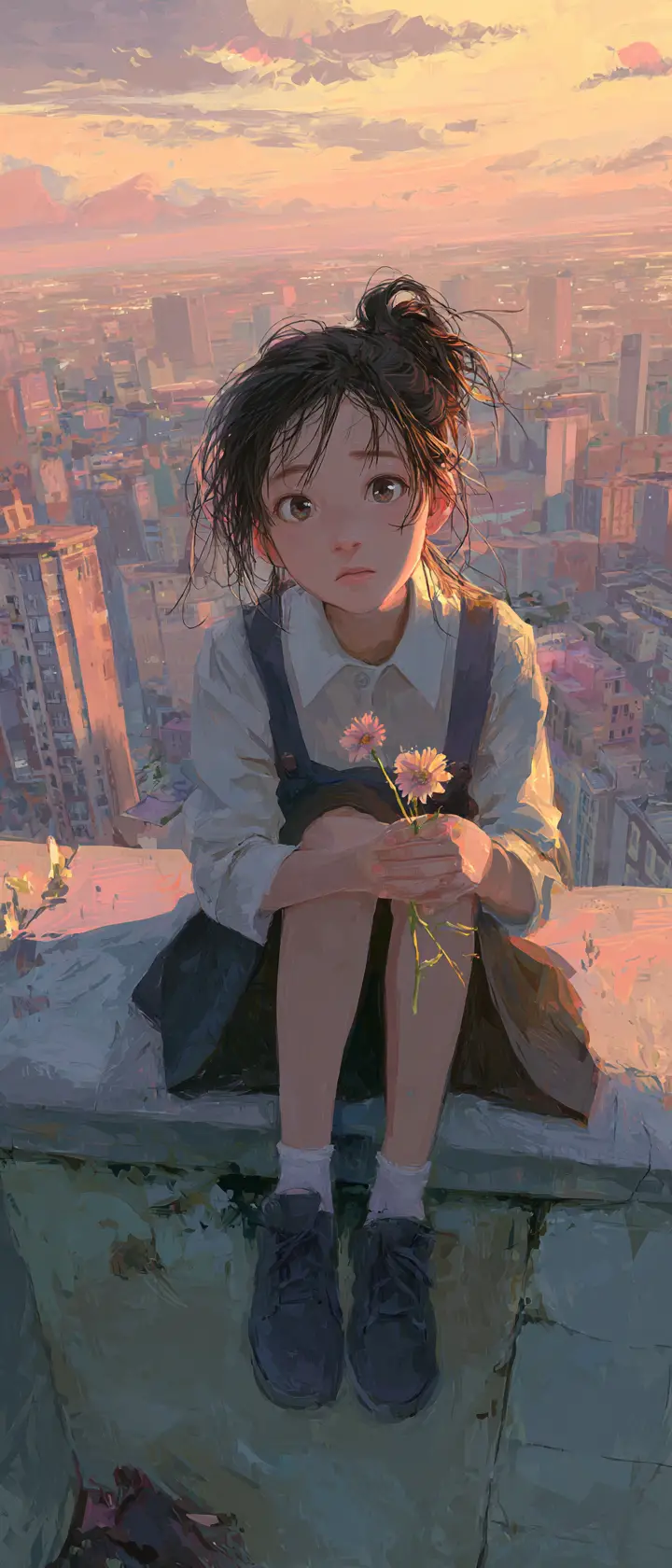 夕焼けの学校の屋上で花を持つ女子高生