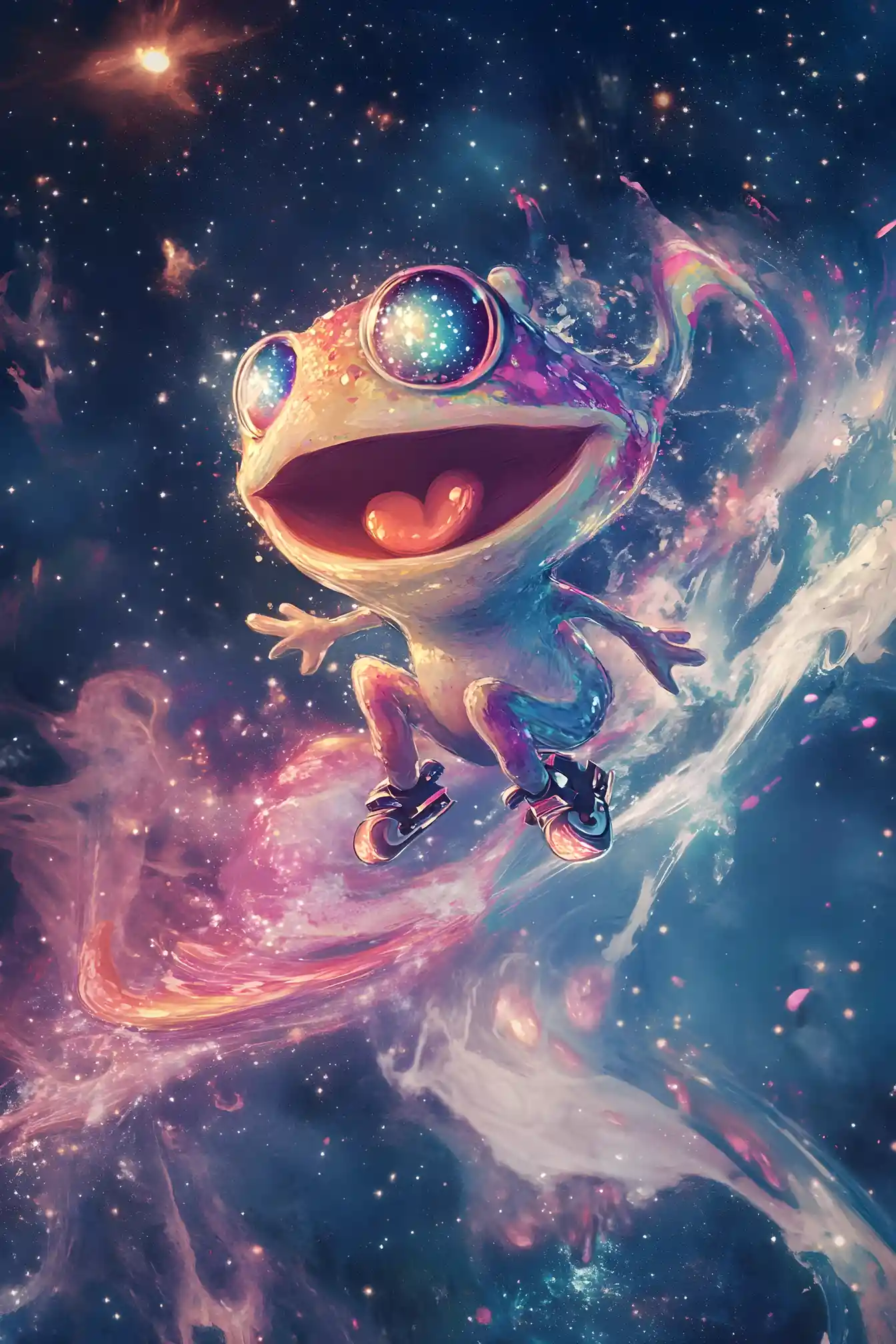 Whimsical Fantasy Creature Skating Through A Glowing Galaxy