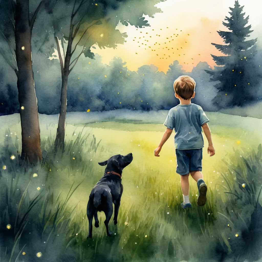Menino e cachorro perseguindo vaga-lumes em um campo silencioso ao entardecer