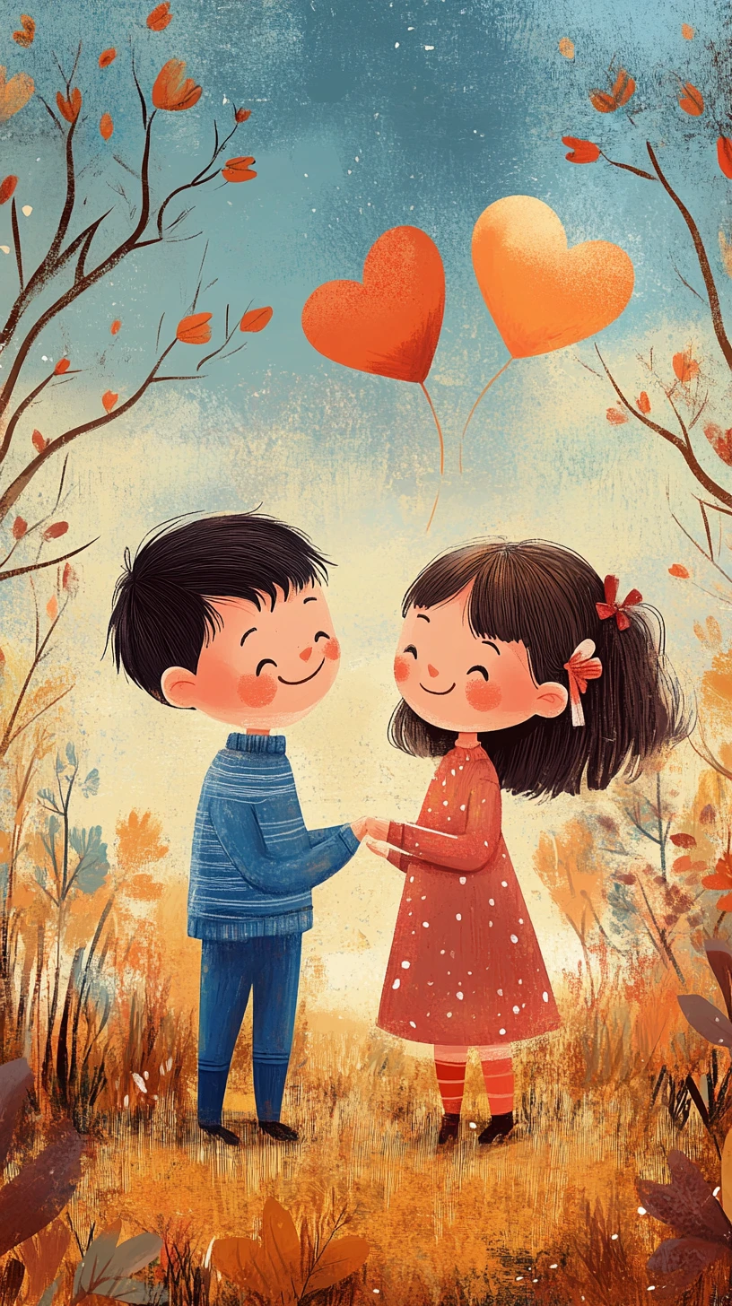 Deux enfants souriants tenant un grand cœur – illustration de sourire