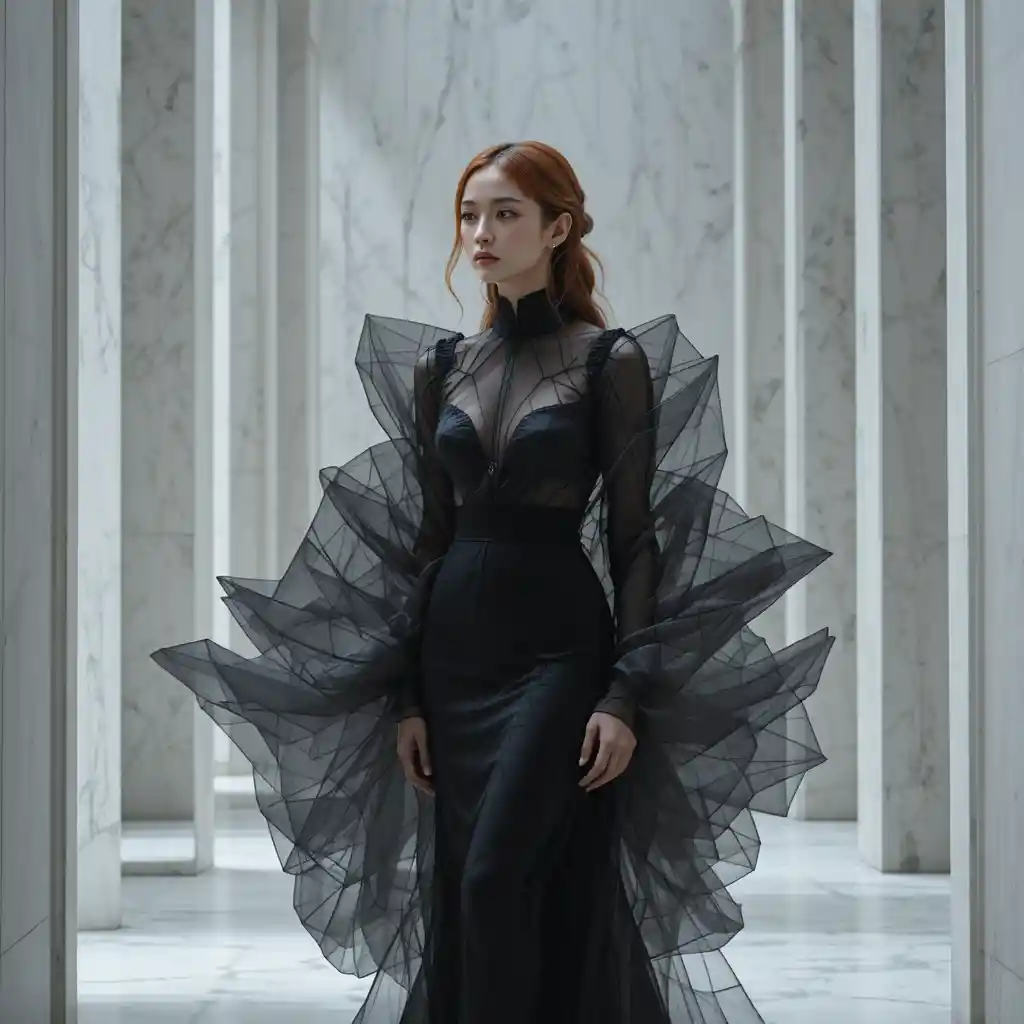 Korean woman in geometric black couture gown in marble hall