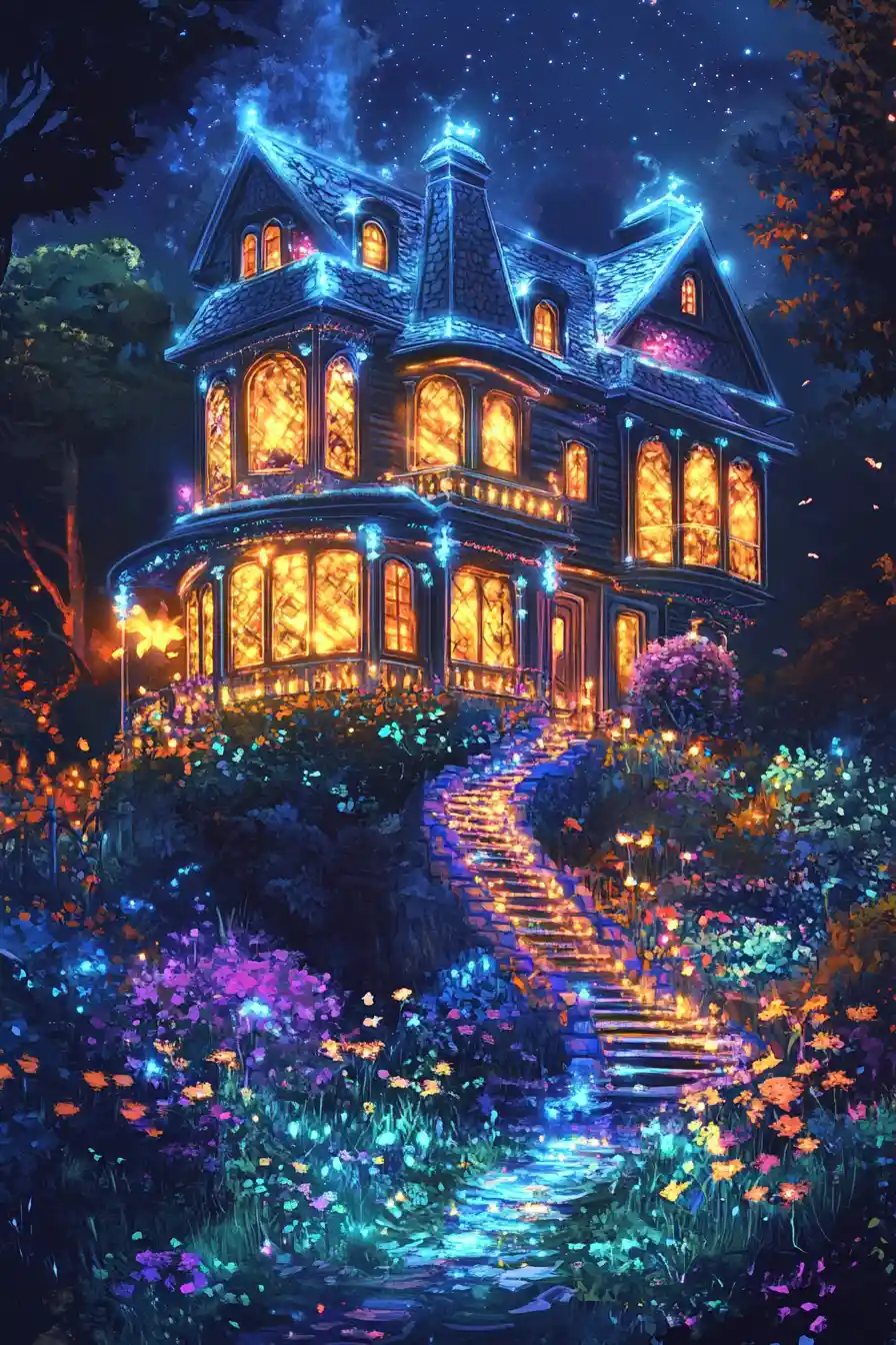 Casa em Forma de Piano Iridescente com Luzes de Neon nas Bordas
