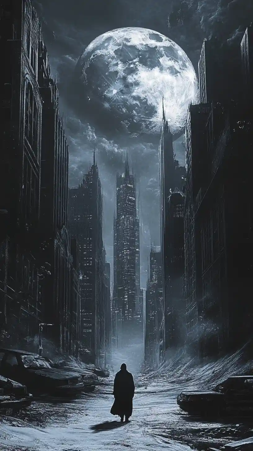 Surreale Stadtlandschaft unter silbernem Mond mit einsamer Gestalt
