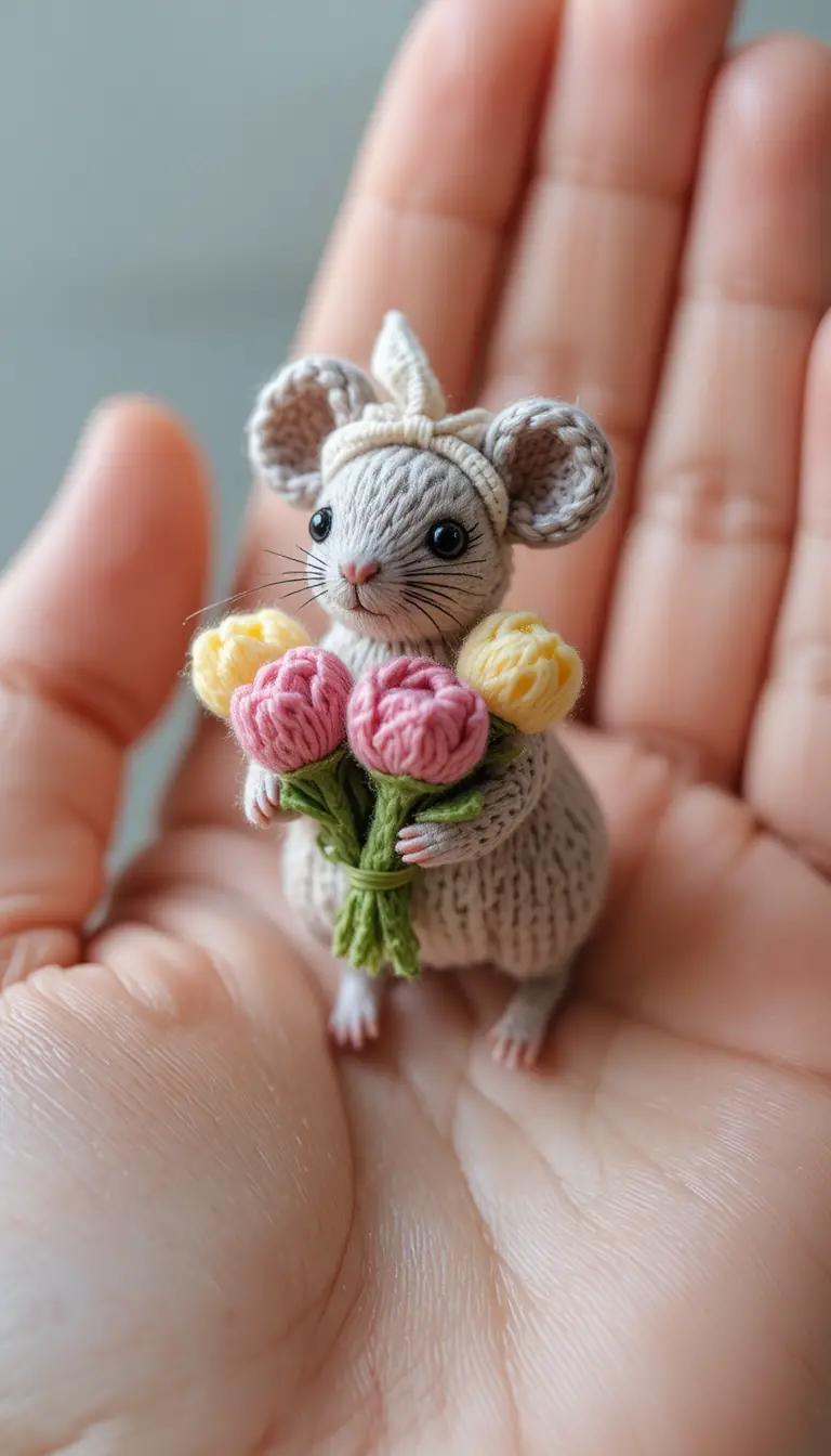 Cute knitted mouse holding tulips on a tiny palm world
