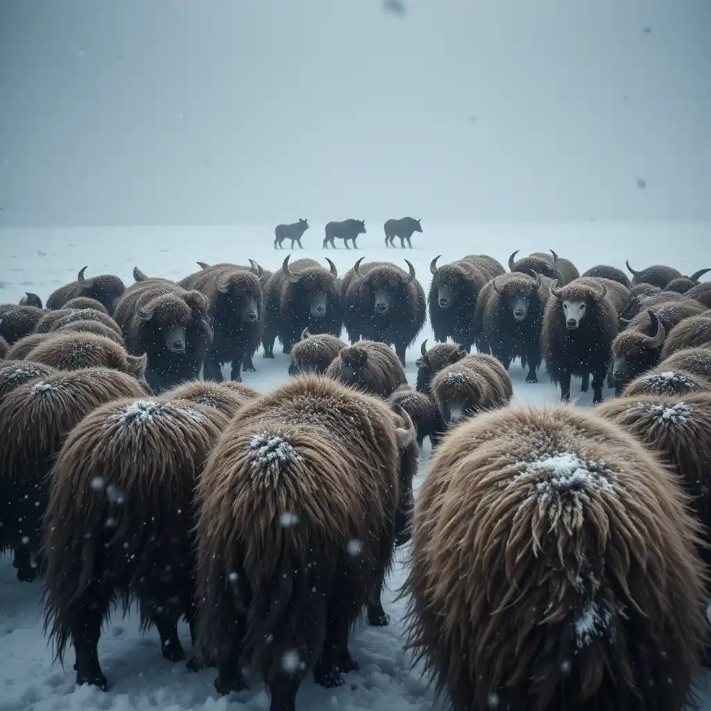 麝牛在北極暴風雪中抵禦遠處的狼群保護小牛