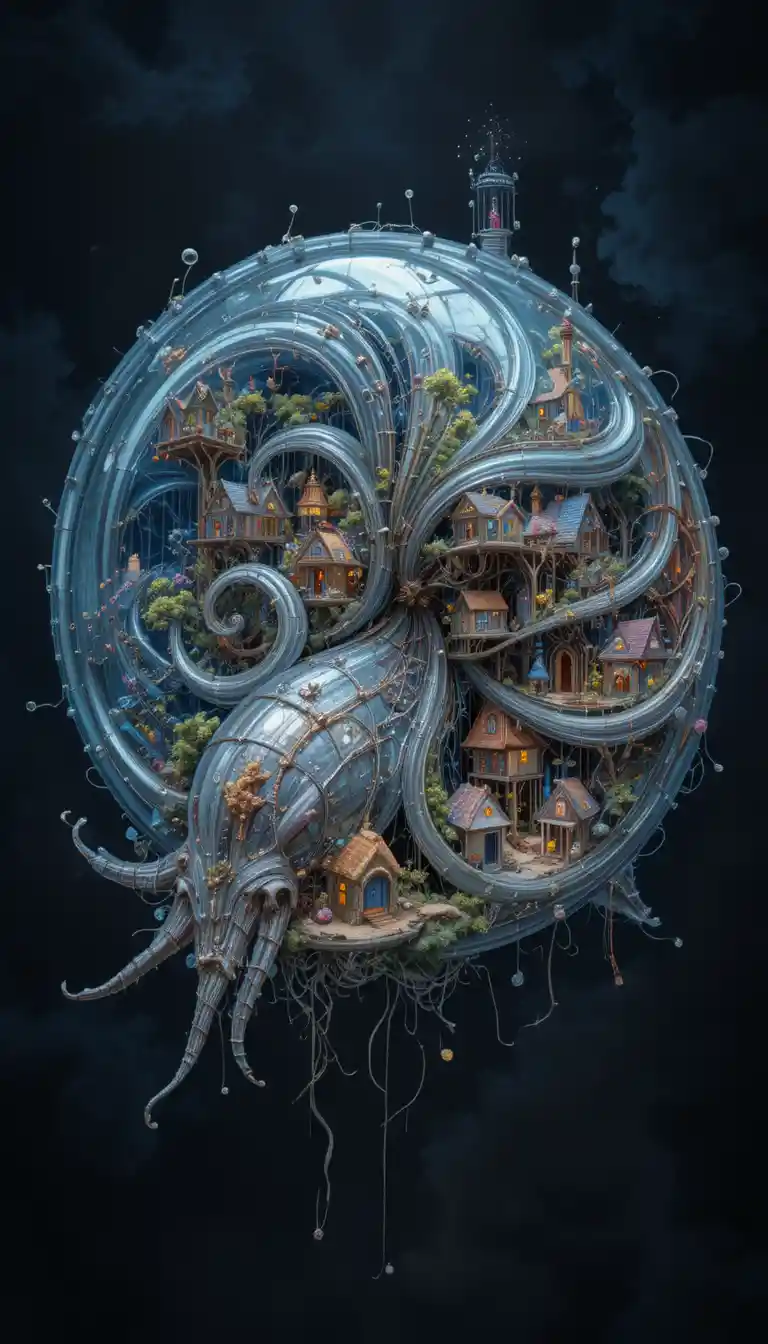 Mystische Glas-Nautilusmuschel mit winzigen mechanischen Häuschen
