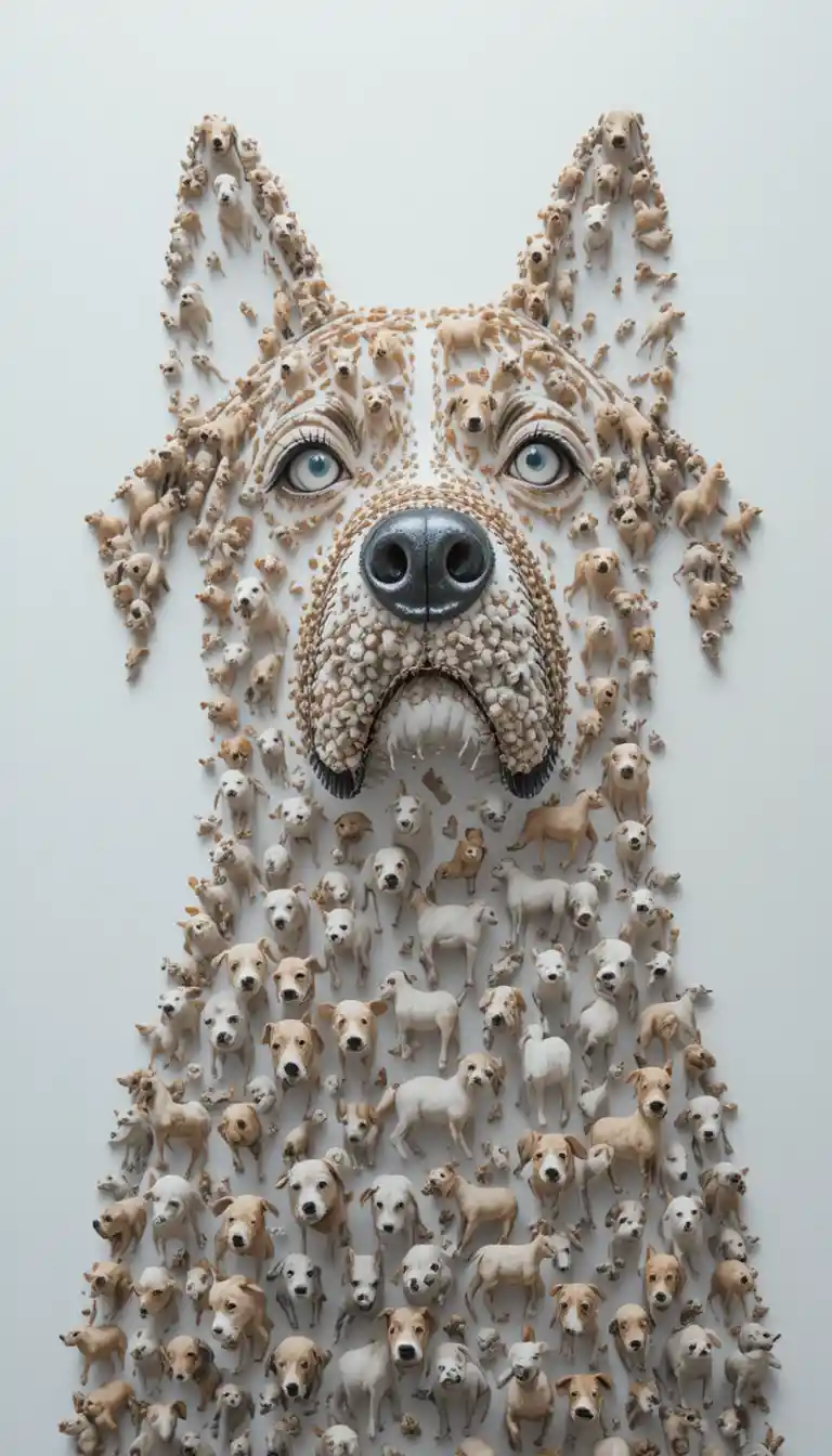 Colagem 3D de micro cães formando uma silhueta gigante de cachorro