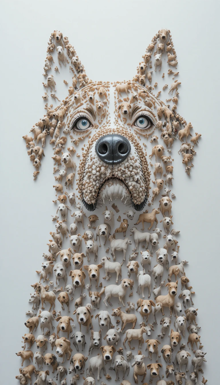 Colagem 3D de micro cães formando uma silhueta gigante de cachorro