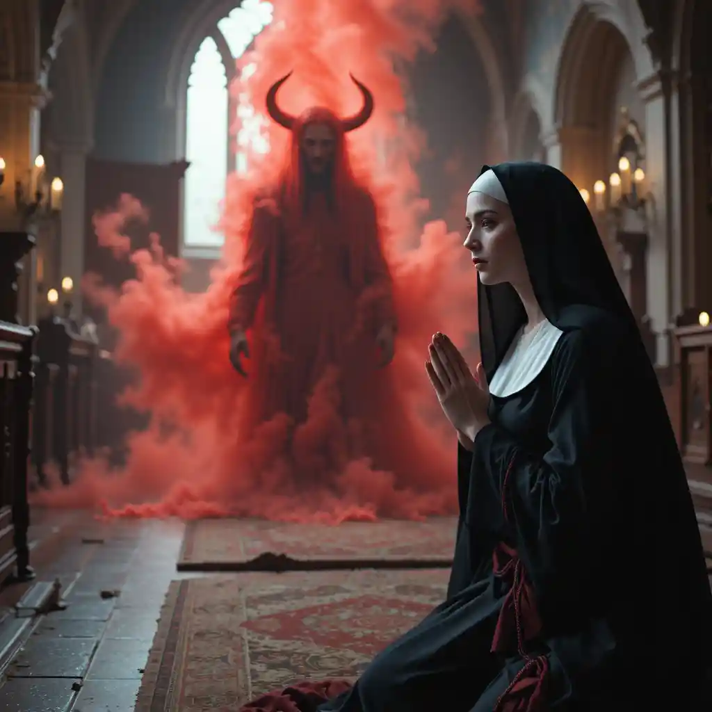 Kneeling nun praying before a demonic rift in church