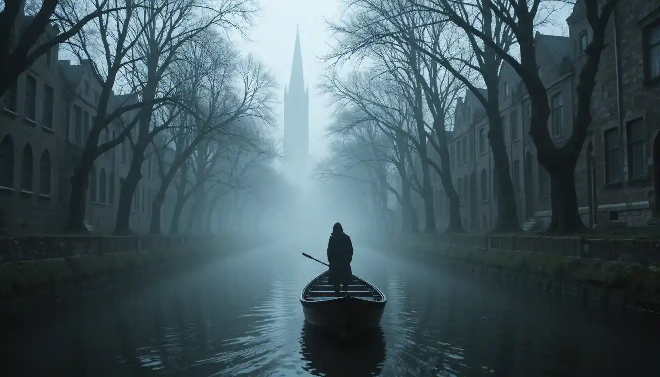 Mysterious Rowboat Drifting Through Foggy Canal At Dusk