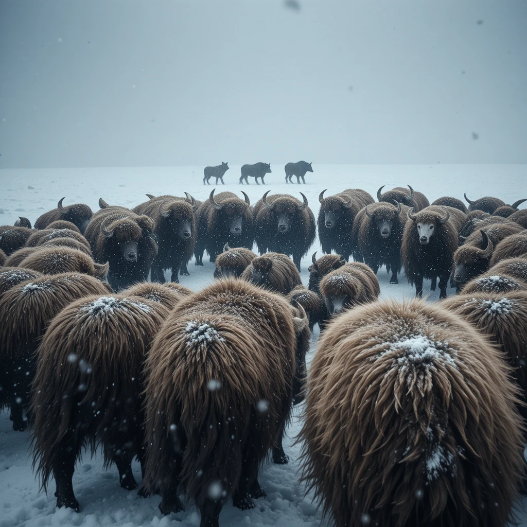 麝牛在北極暴風雪中抵禦遠處的狼群保護小牛