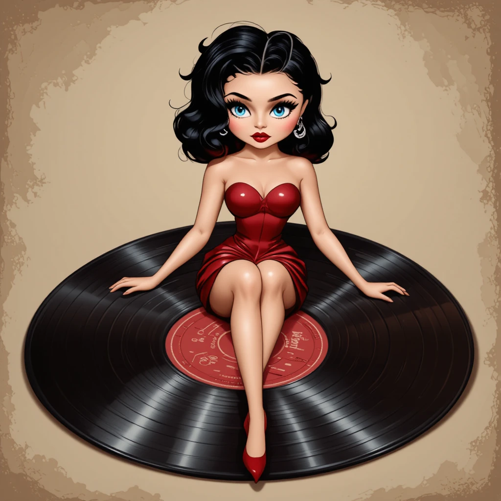 Mulher em desenho animado relaxando sobre um disco de vinil com fundo bege