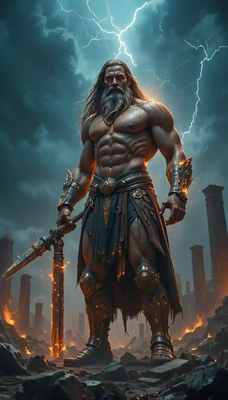 Ancient giant warrior standing in a ruined wasteland