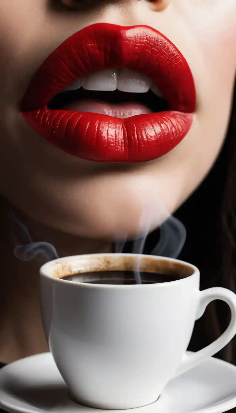 Xícara de café preto fumegante com marcas de batom na borda