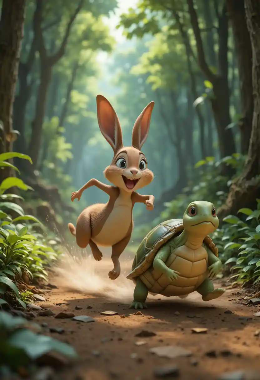 Coelho e tartaruga em desenho 3D correndo juntos pela floresta
