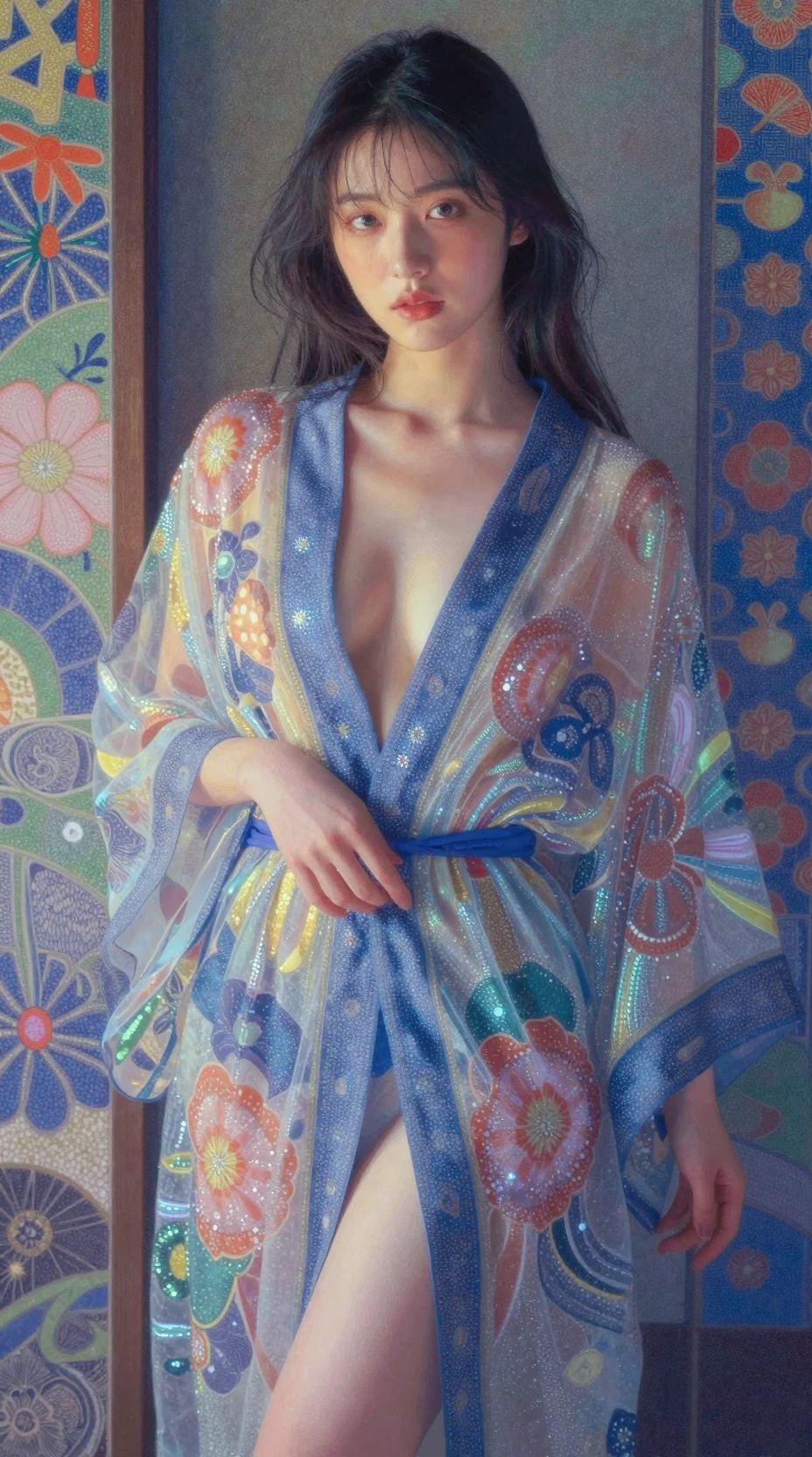 Mujer japonesa con bata transparente y detalle puntillista