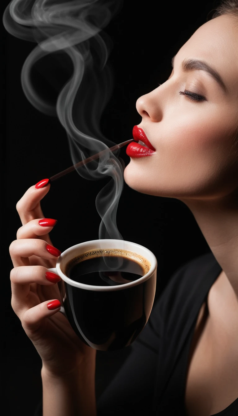 Tasse de café noir à moitié vide avec trace de rouge à lèvres sur le rebord