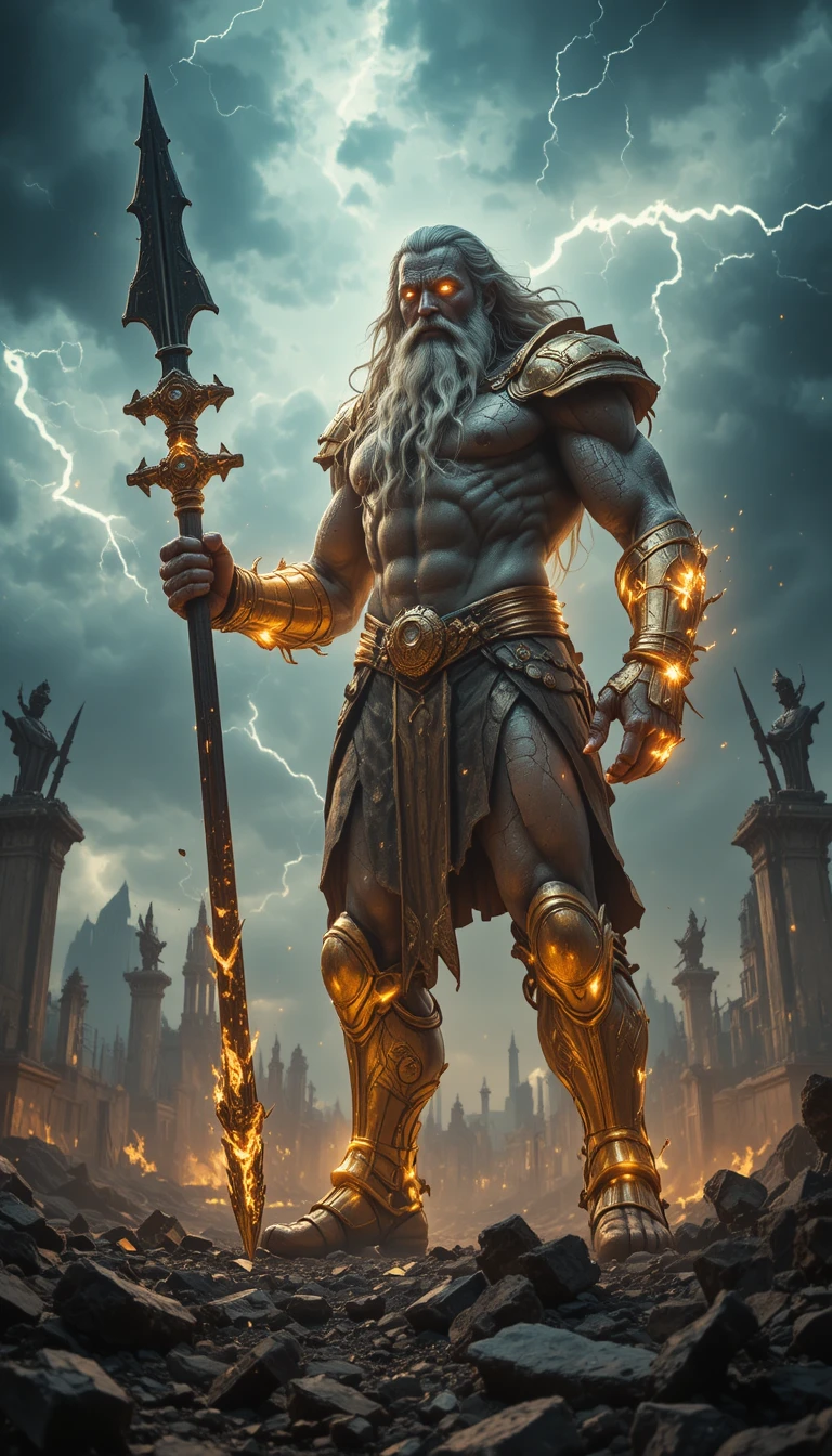 Immortal armored giant standing over a ruined wasteland
