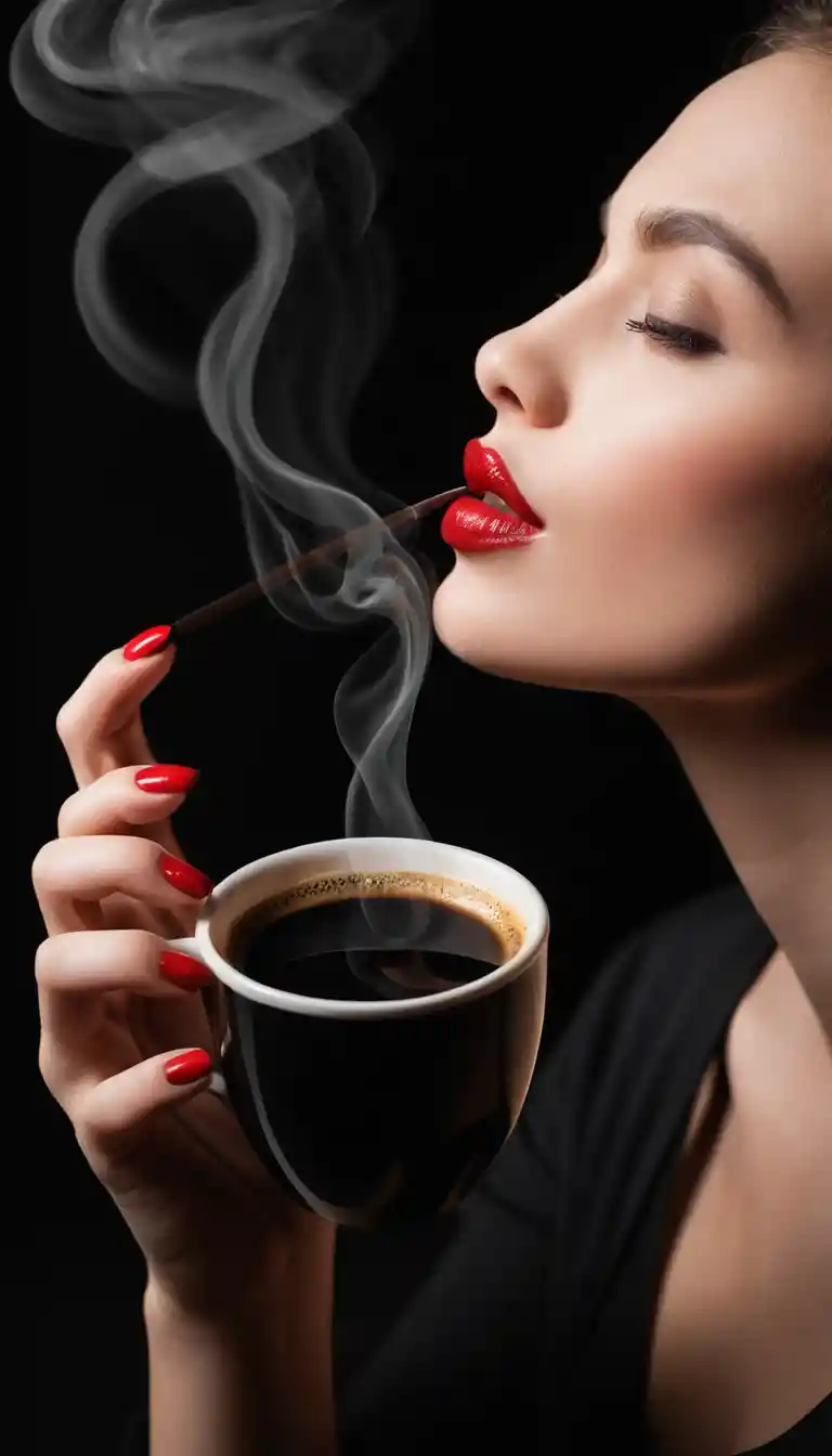 Tasse de café noir à moitié vide avec trace de rouge à lèvres sur le rebord