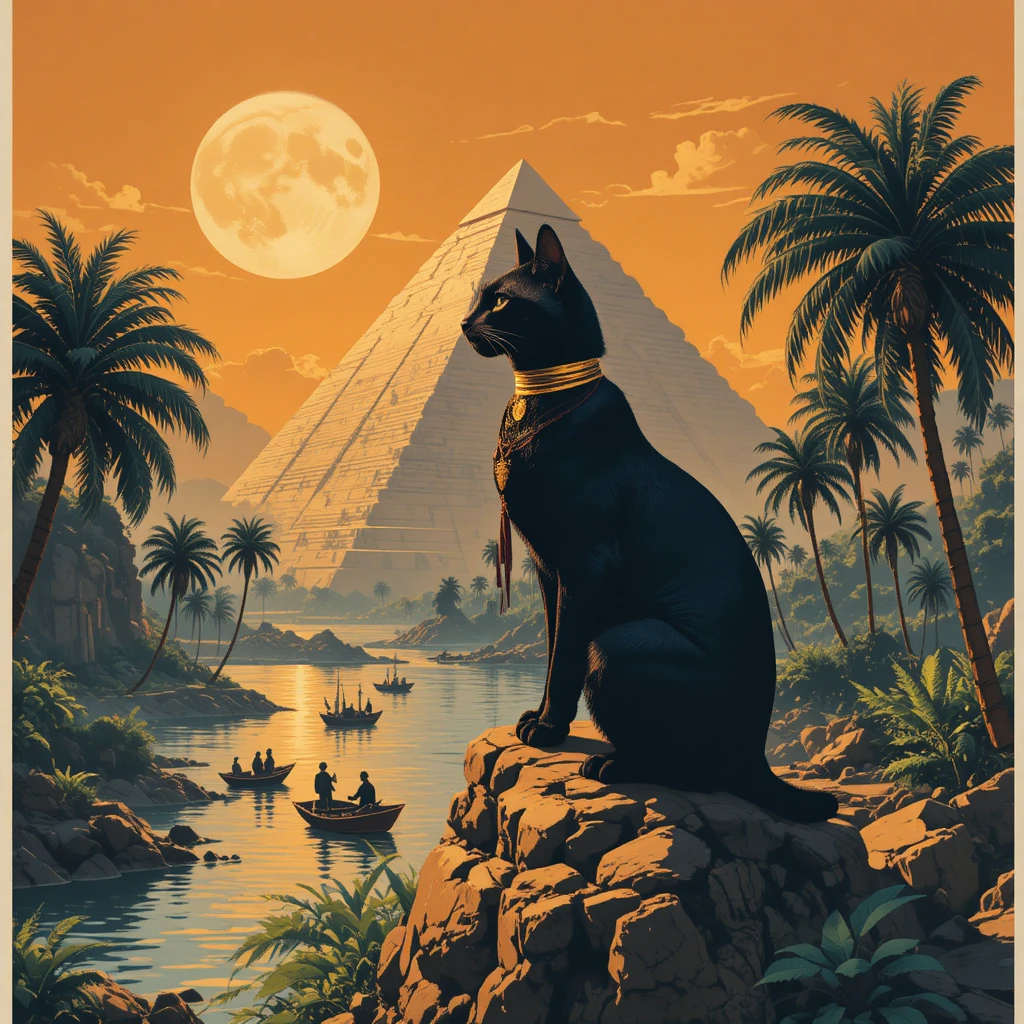 Majestoso gato preto sobre rio com pirâmide ao pôr do sol