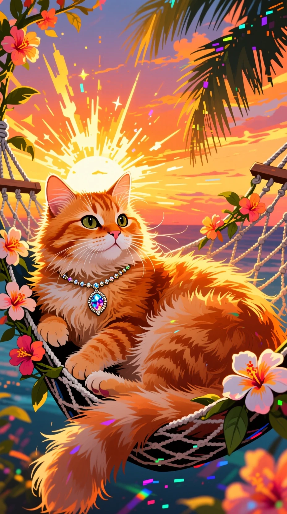 Gatto Arancione Soffice su Amaca di Fiori al Tramonto Tropicale