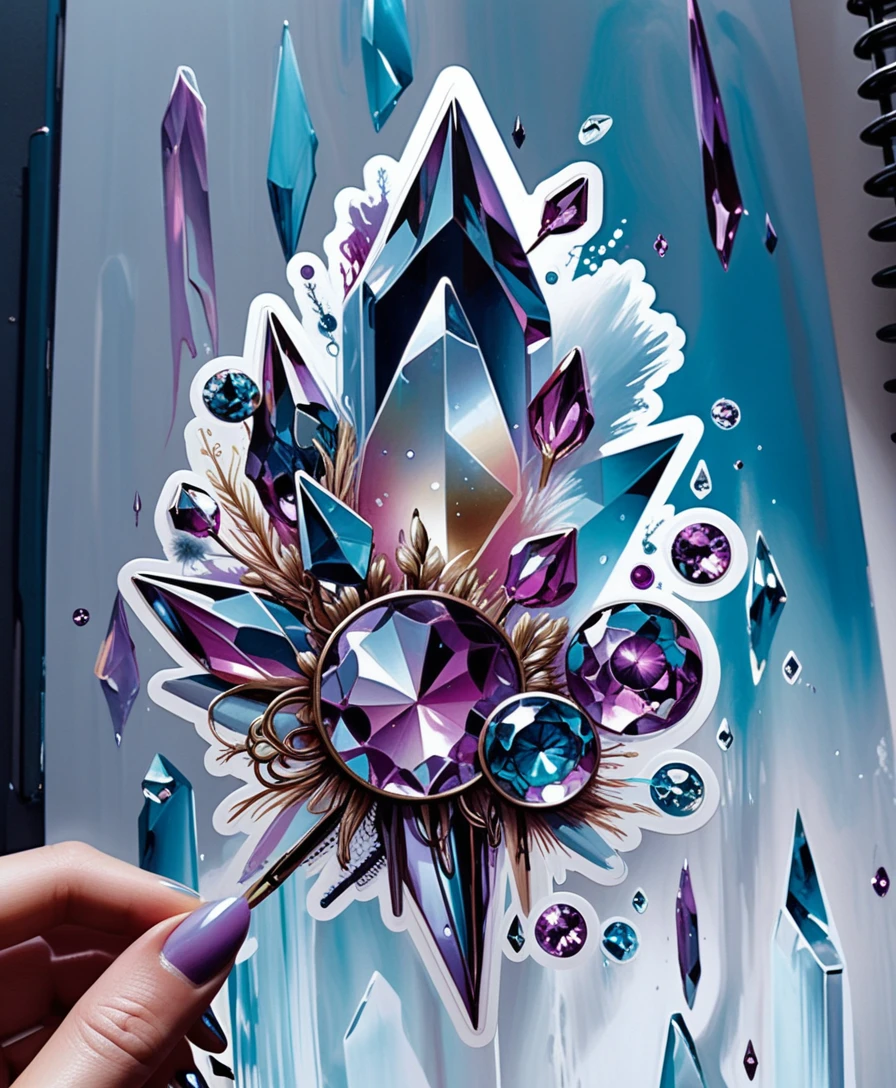 Gruppi di cristalli colorati su foglio di sticker bianco