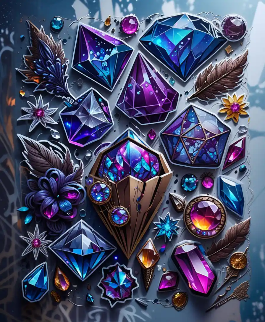 Foglio di adesivi con cristalli fantasy colorati e dettagli al neon