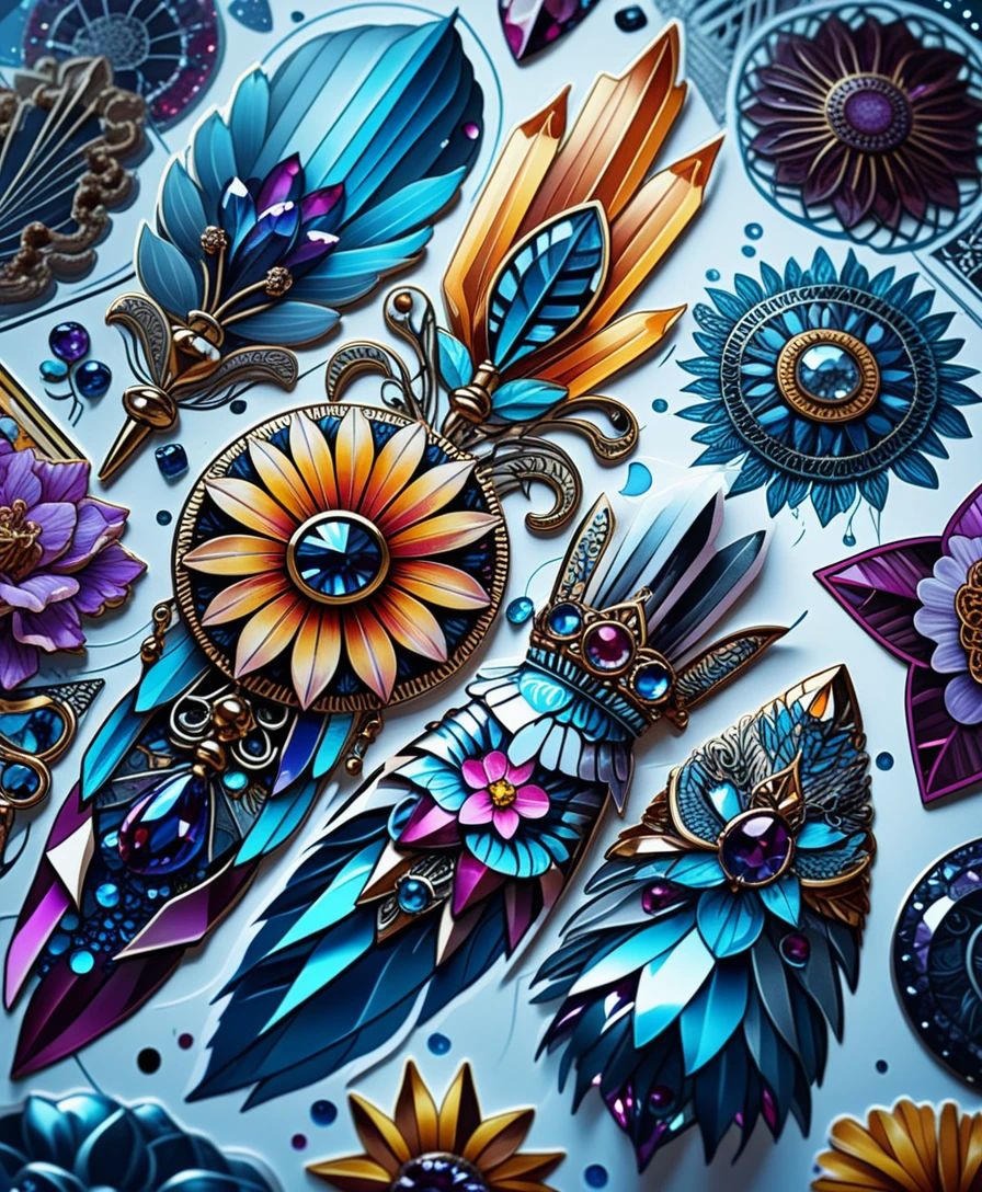 Illustrazione colorata di cristalli su foglio di sticker tattoo flash