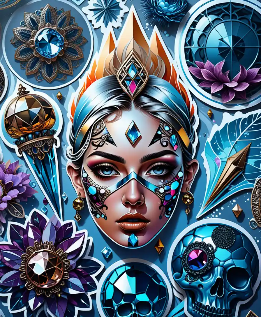 Colorful crystal sticker sheet in bold digital illustration