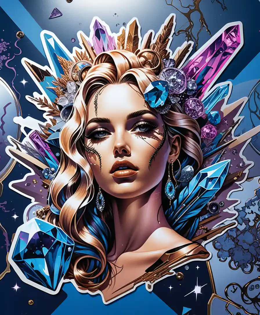 Colorful crystal sticker sheet with neon fantasy illustration
