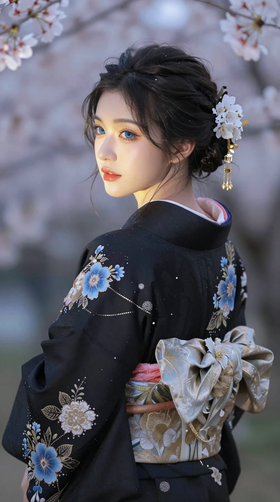 벚꽃 아래 검은 꽃무늬 기모노를 입은 젊은 여성