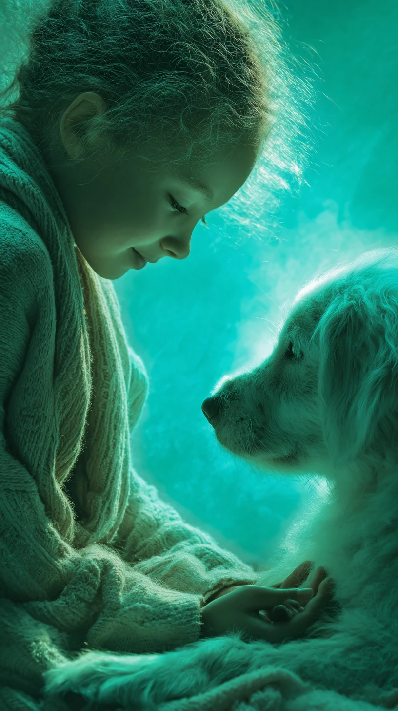 Child with pet bathed in glowing blue heartlight