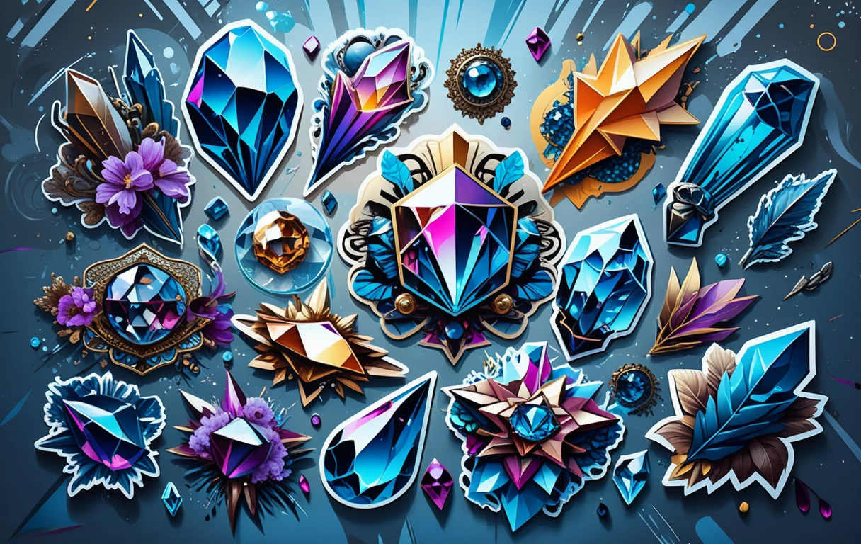Foglio di adesivi con cristalli colorati e accenti fantasy al neon