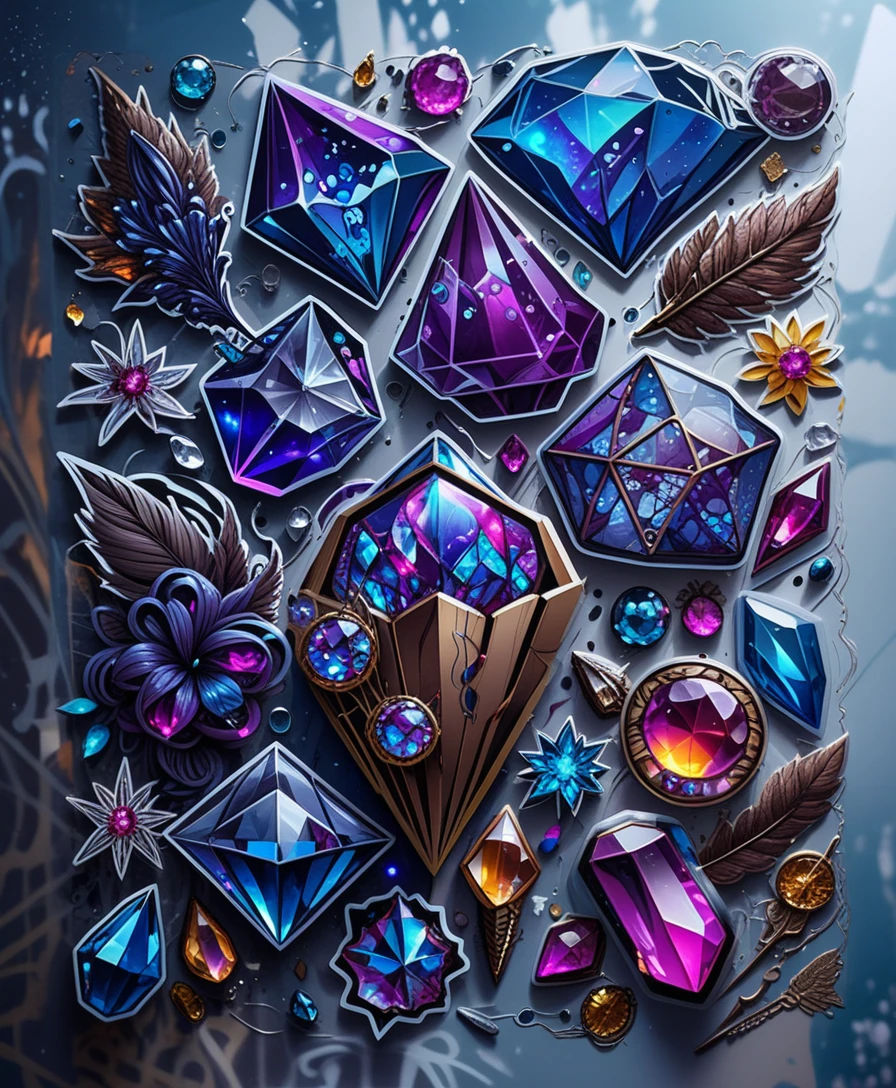 Foglio di adesivi con cristalli fantasy colorati e dettagli al neon