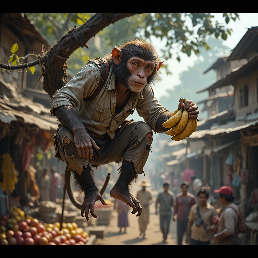 Macaco arteiro se esgueira sobre um movimentado mercado em vila indiana