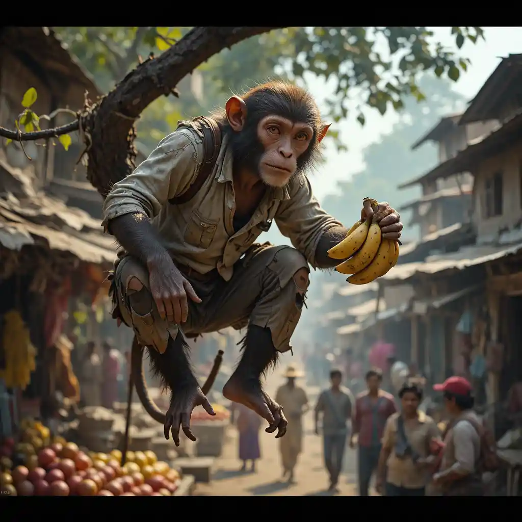 Macaco arteiro se esgueira sobre um movimentado mercado em vila indiana