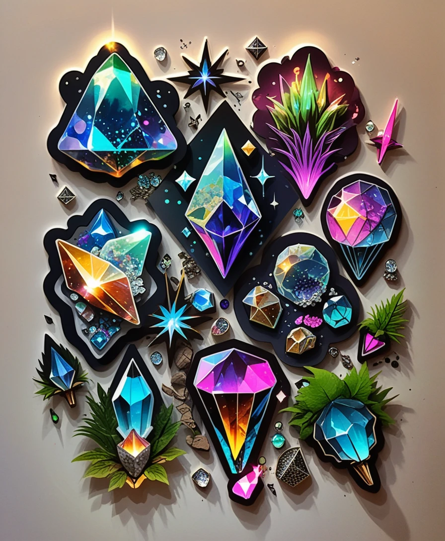 Illustrazione di gruppi di cristalli colorati su foglio di sticker bianco