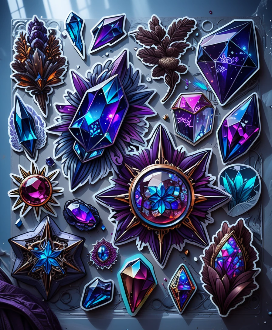 Planche d’autocollants de cristaux colorés sur fond blanc épuré