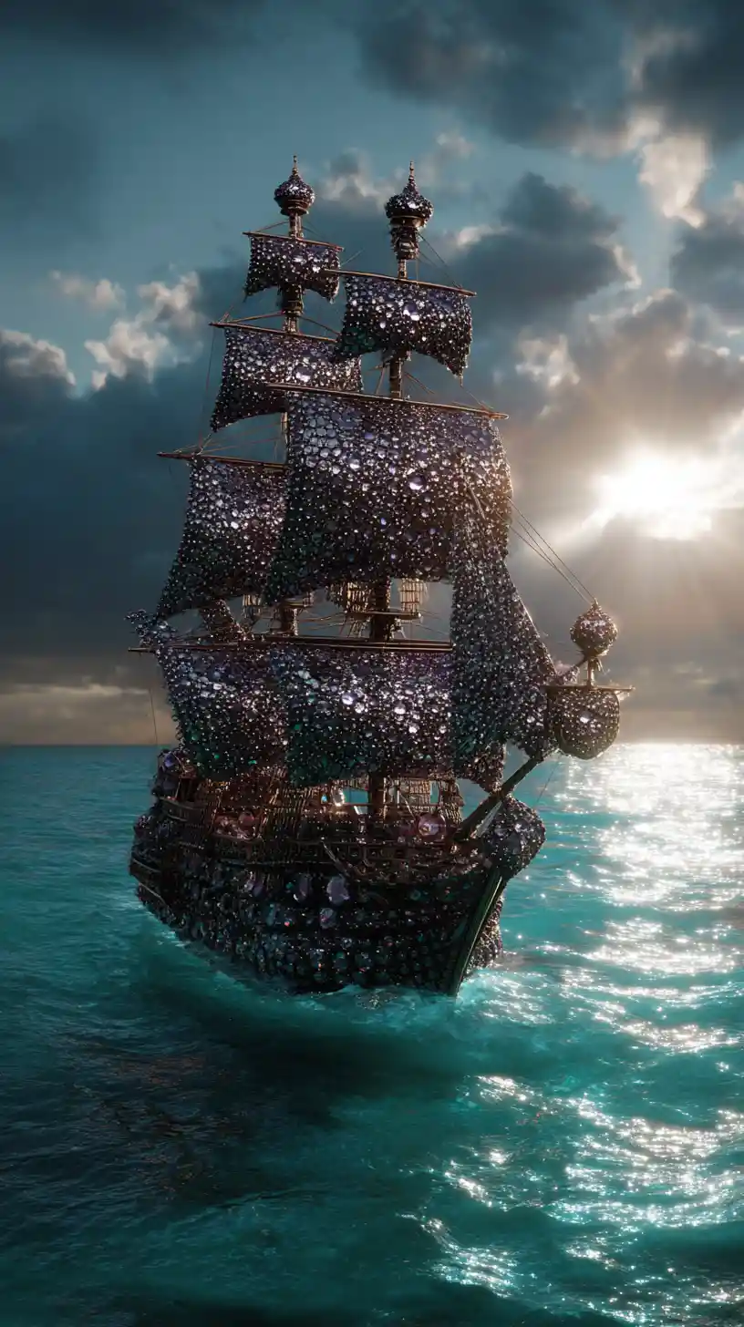 Enchanted Diamond Pirate Ship Sailing A Turquoise Sea