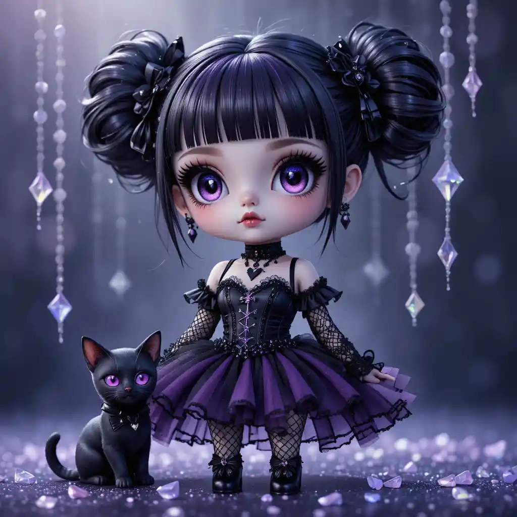 Adorable fille d’anime gothique aux yeux noirs et chignons doubles