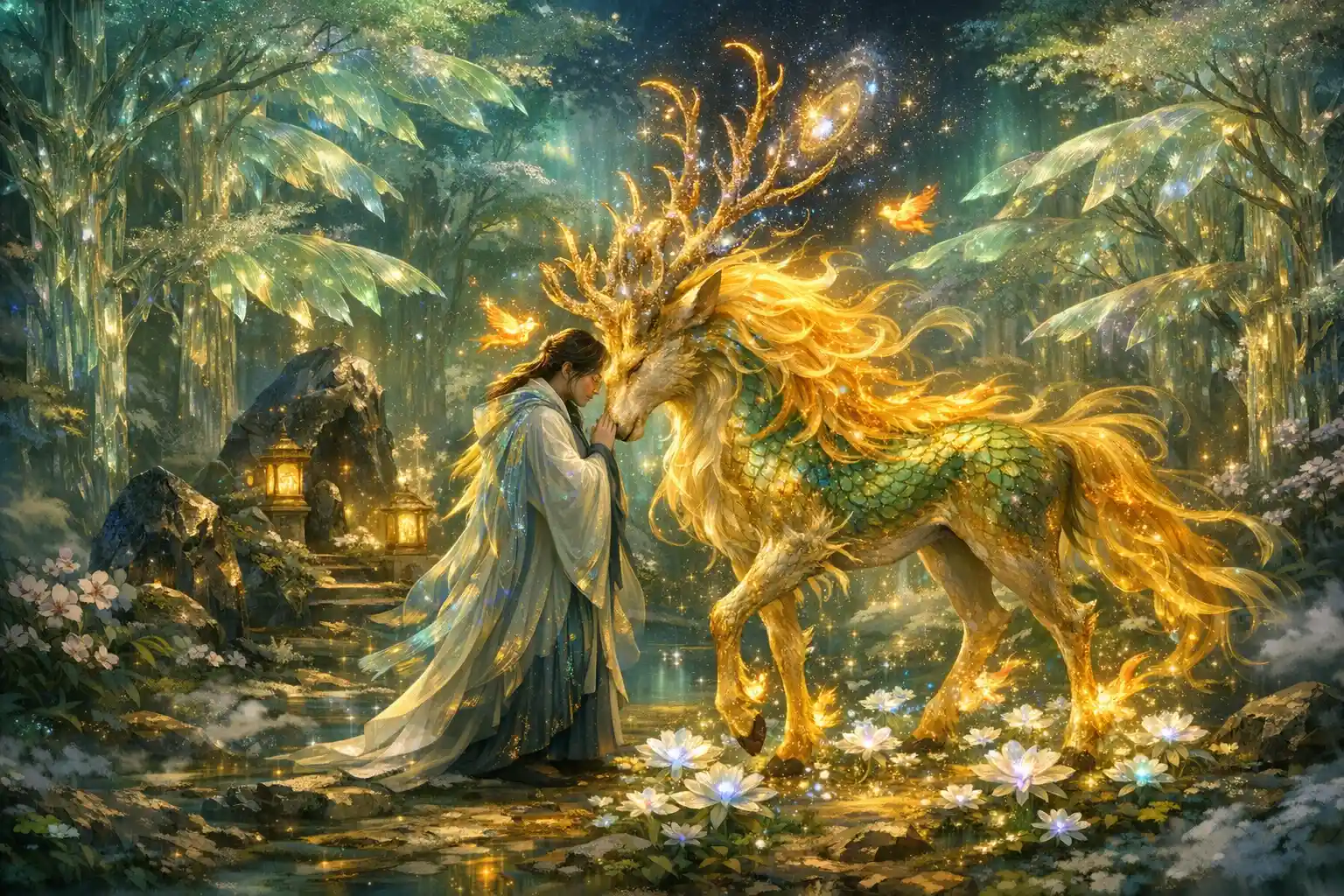 Kirin Walking Through A Crystalline Starlit Fantasy Forest