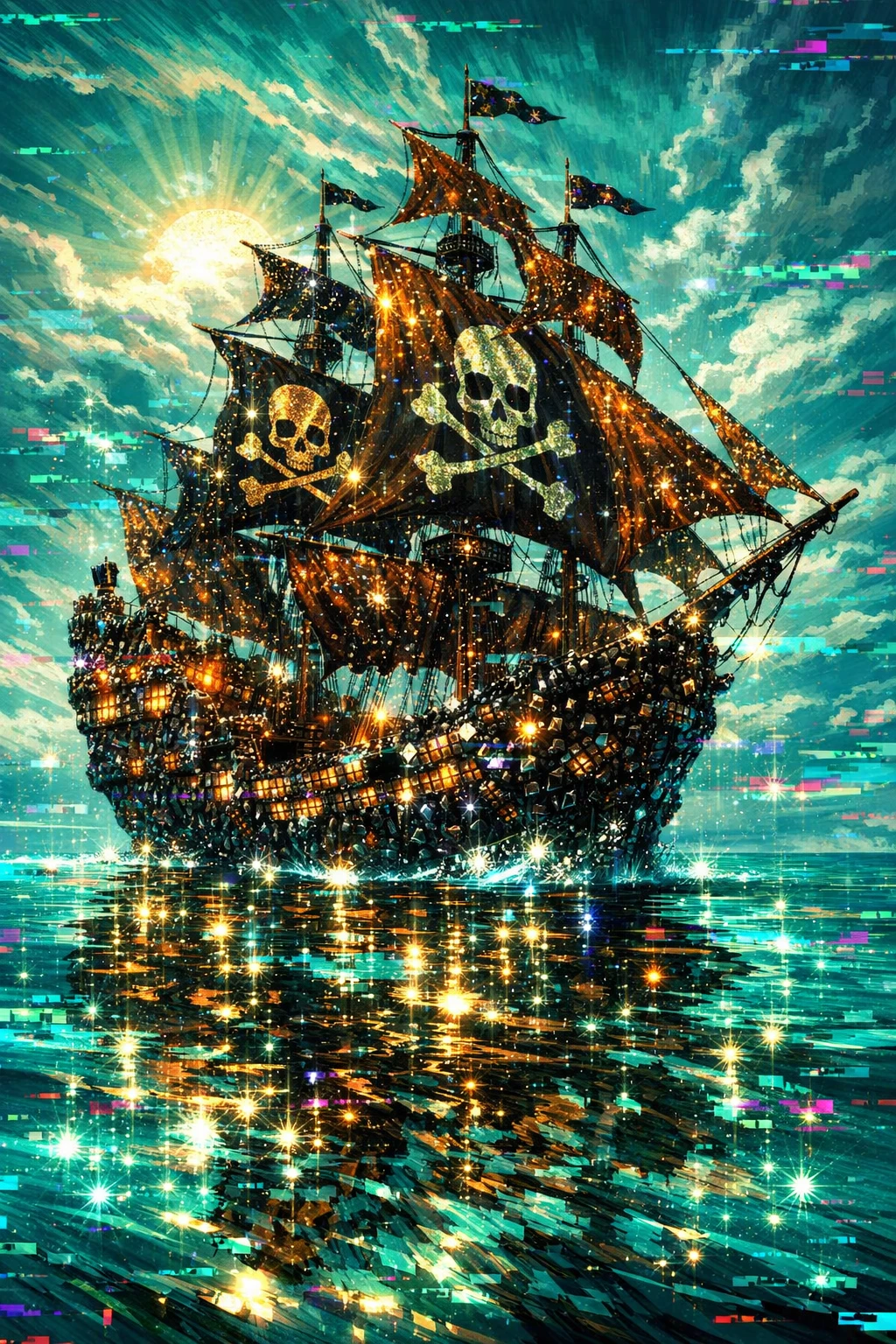 Bateau pirate en diamant voguant sur une mer turquoise scintillante