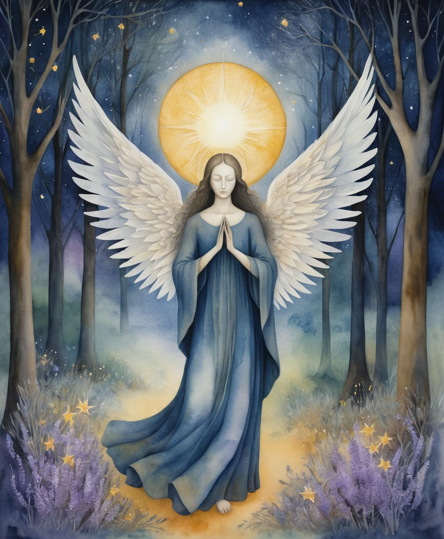 Anjo cuidando de um bosque luminoso de árvores celestiais