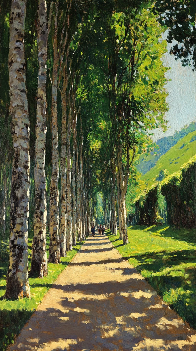 Sunlit tree lined path with people walking beneath canopy