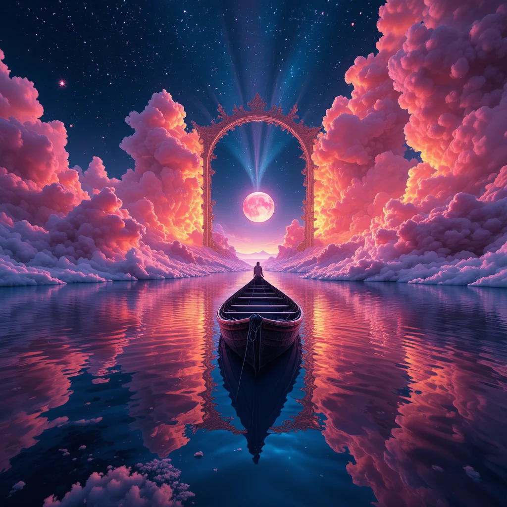 Surrealer mondbeschienener See mit Portal und leerem Ruderboot